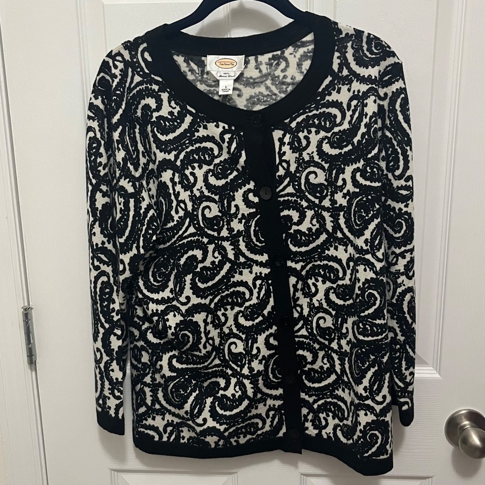 Talbots 100% Merino‎ Wool Button Up Sweater Cardigan Womens Large Black Cream